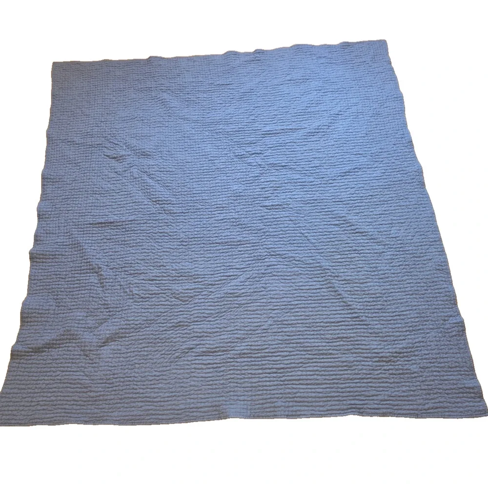 Pottery Barn Pick Stitch Cotton Linen Quilt Full Queen Gray Blue Coastal Cottage